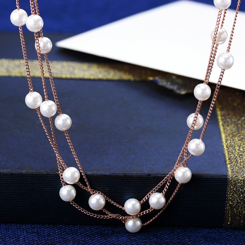 18K Rose Gold GF Simulated Pearl Triple Crossover Strand White Choker Necklace