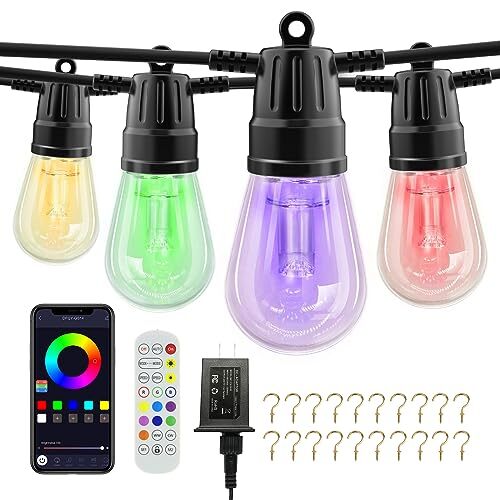 Outdoor String Lights, 49ft 20 Bulbs RGB Patio Lights with Remote & APP, S14