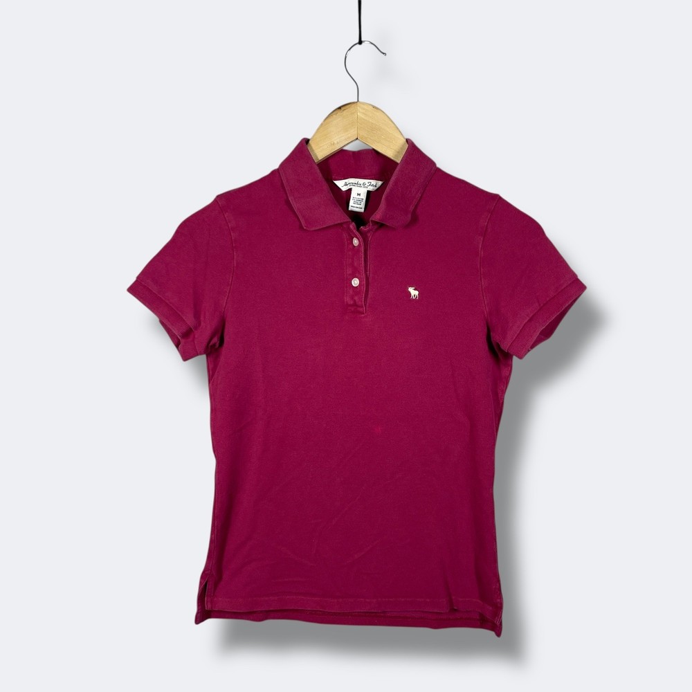 Y2K Abercrombie & Fitch Polo Shirt Womens M Slim Burgundy Moose Logo Preppy-image