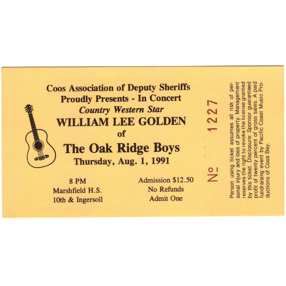 Vintage 1991 William Lee Golden & The Oak Ridge Boys Concert Ticket Stub Coos Bay Oregon