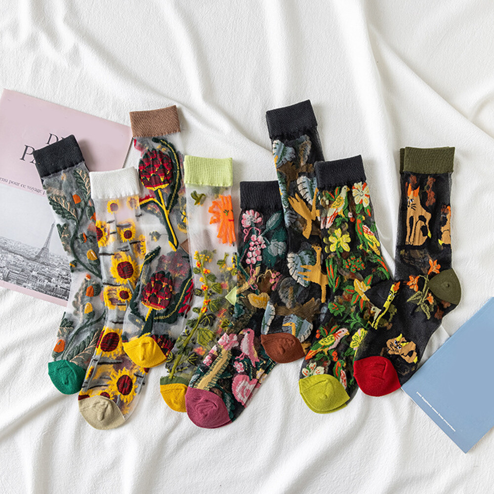 Women Thin Socks Flowers Birds Cat Animal Print Thin Jacquard Fishnet Socks