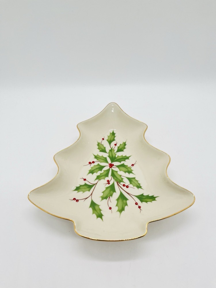 Christmas Tree Trinket Dish By Lenox With Holy Leaves & Gold Trim