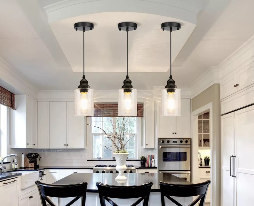 3-Pack Pendant Light Fixtures, Modern Black Seeded Glass Lighting , Adjustable