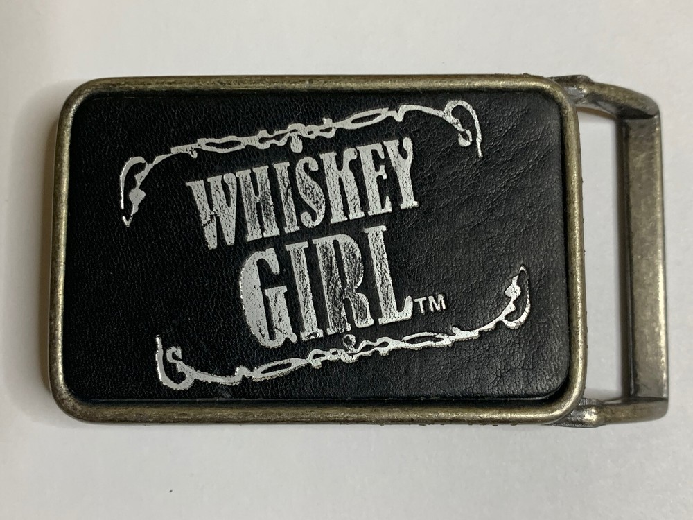 Belt Buckle Whiskey Girl Black Leather & Silver Vintage Western 2”x3.5”