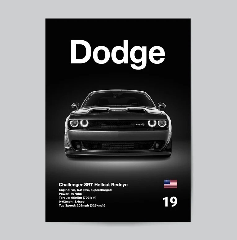 Dodge Challenger SRT Hellcat Redeye 2019 - Car Poster Print