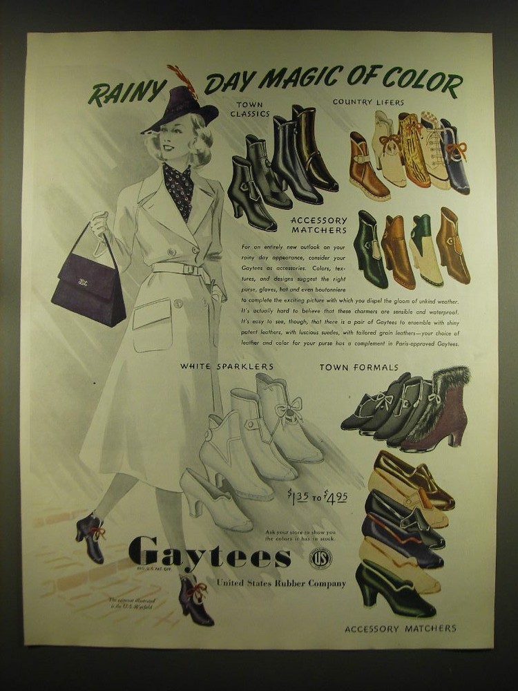 1939 US Rubber Gaytees Shoes Ad - Rainy day magic of color