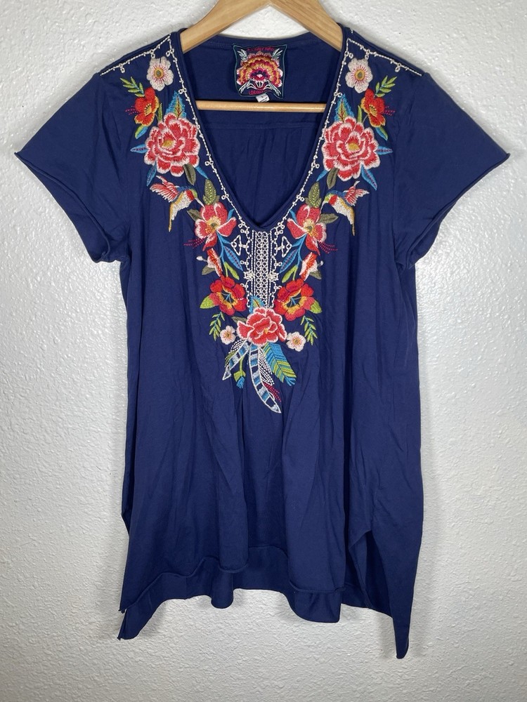 Johnny Was V-Neck Embroidered Floral Blue Women Tunic Top Size small