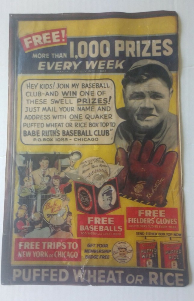 1934 Babe Ruth Quaker Oats Cereal Prize Club Yankees Store Ad Poster-image