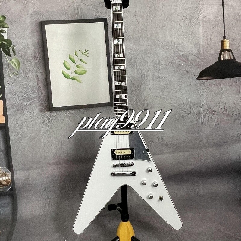White Flying V Model HH Open Pickups Electric Guitar Silver Pick Guard Factory