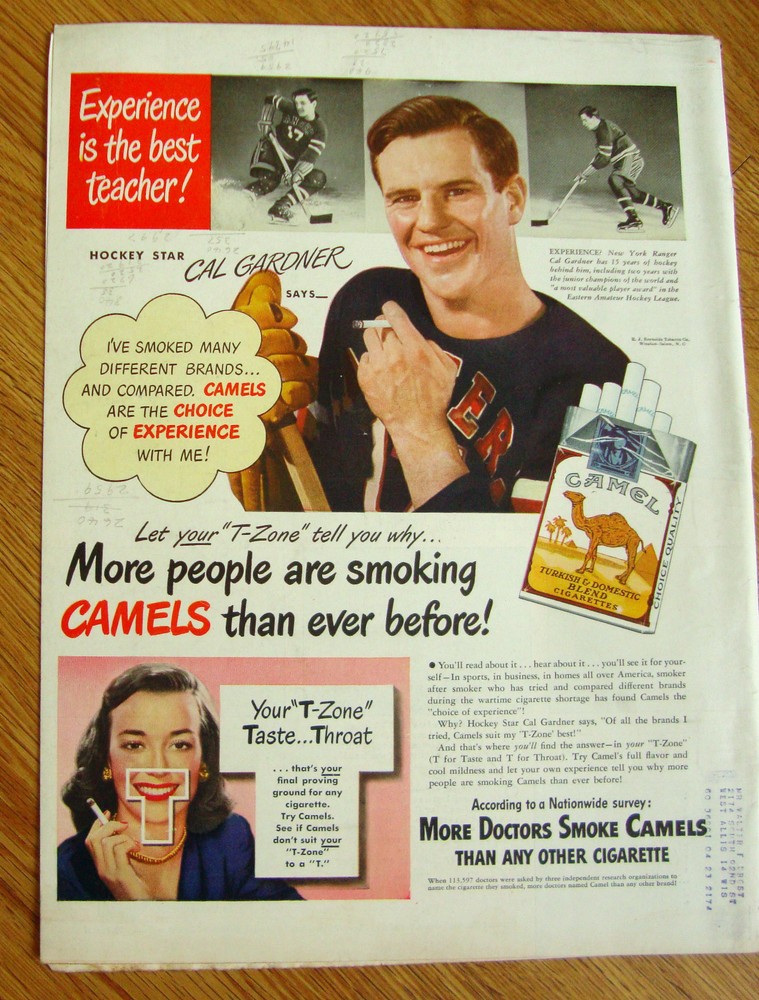 1948 Camel Ad Cal Gardner Hockey Star NY Ranger Canadian Club Ad Glider Alps-image