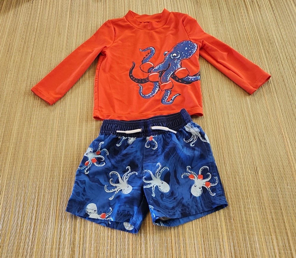 Carter's Boys Board Shorts Rash Guard Set Blue Orange Octopus 18 Months EUC