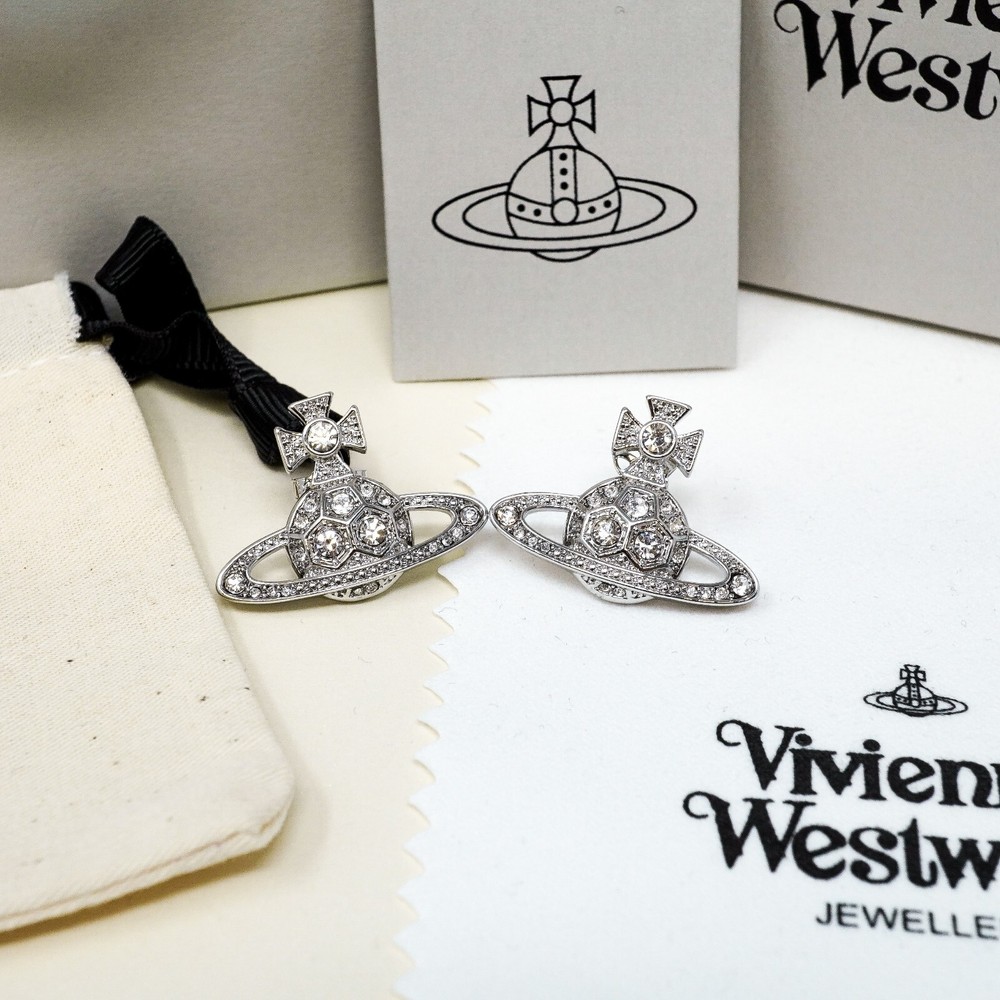 Vivienne Westwood Earrings, Large Silver Orb Studs With Hexagon Crystals Box Set