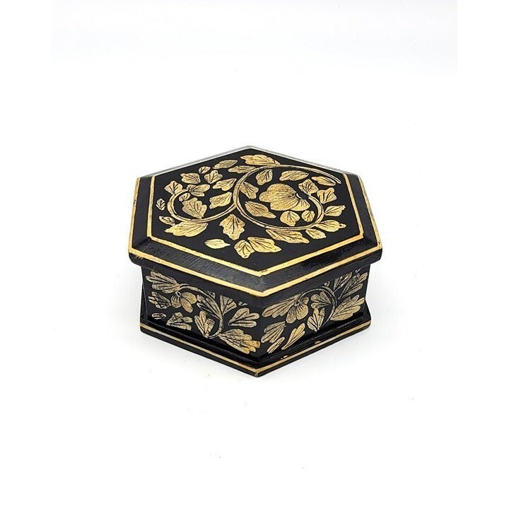 1970s MCM Hexagonal Wood Trinket Box Hand Painted Boho Leaf Design India  