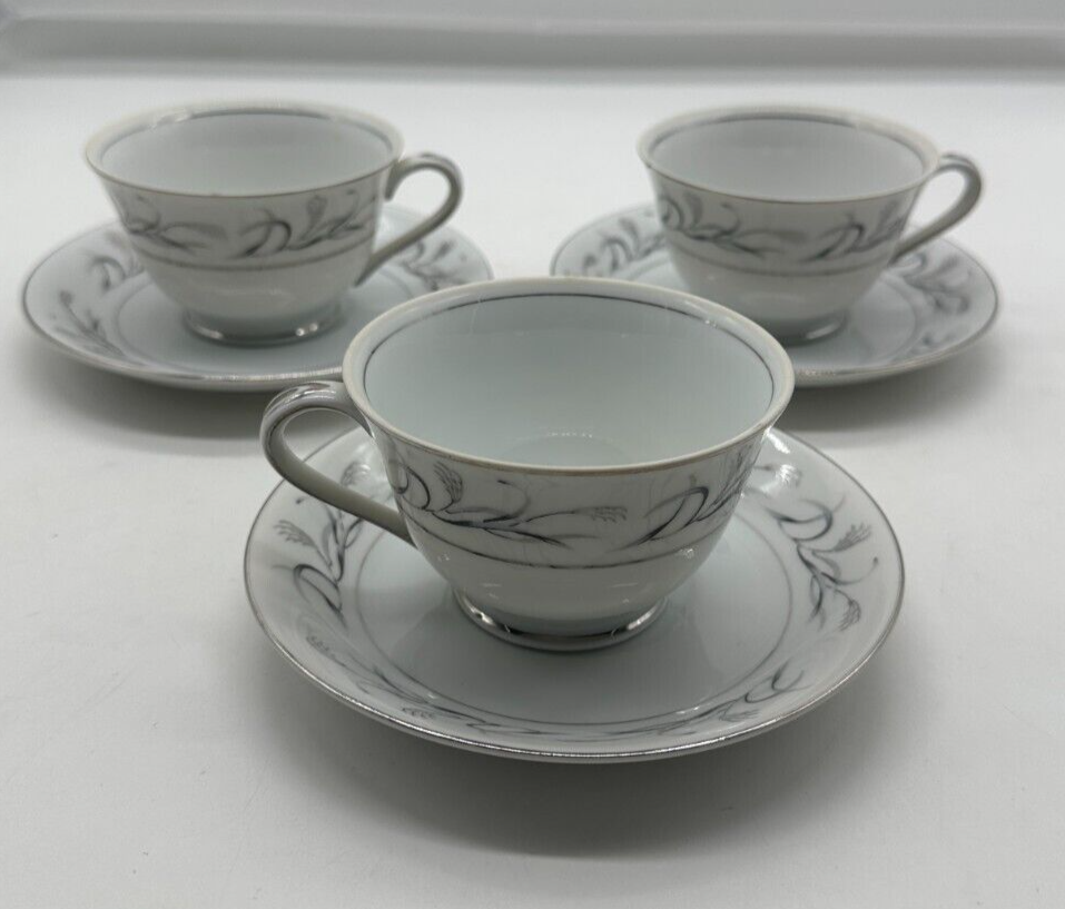 Harmony House Platinum Garland Vintage Teacups & Saucers Set Of 3 Fine China Tea