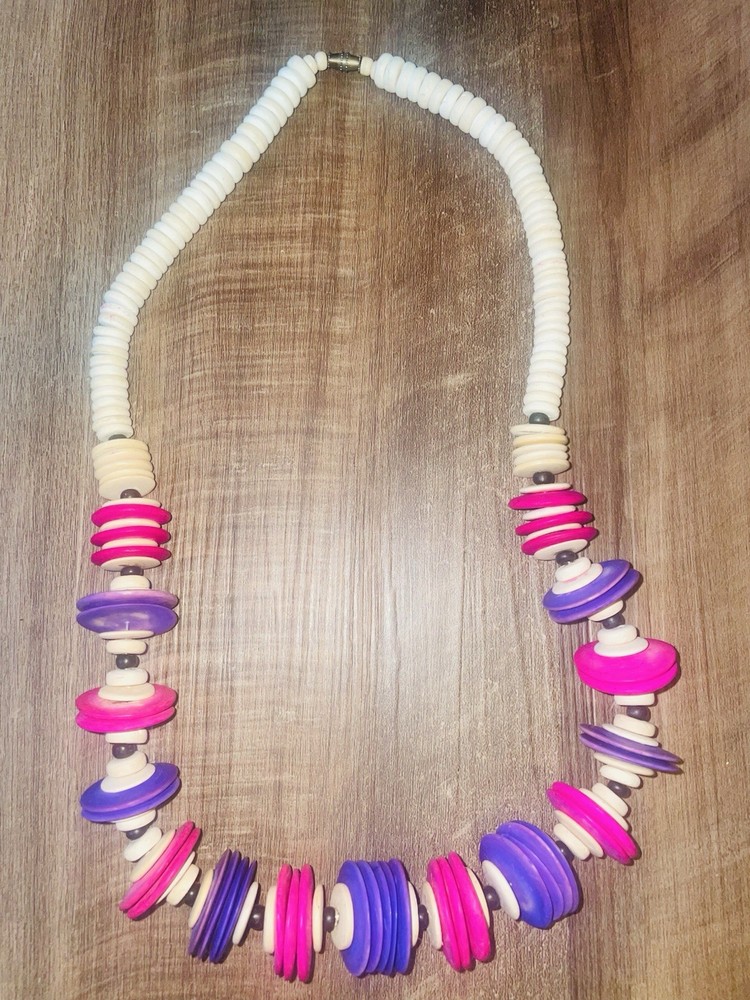 Tan, Pink And Purple Disc Bead Necklace