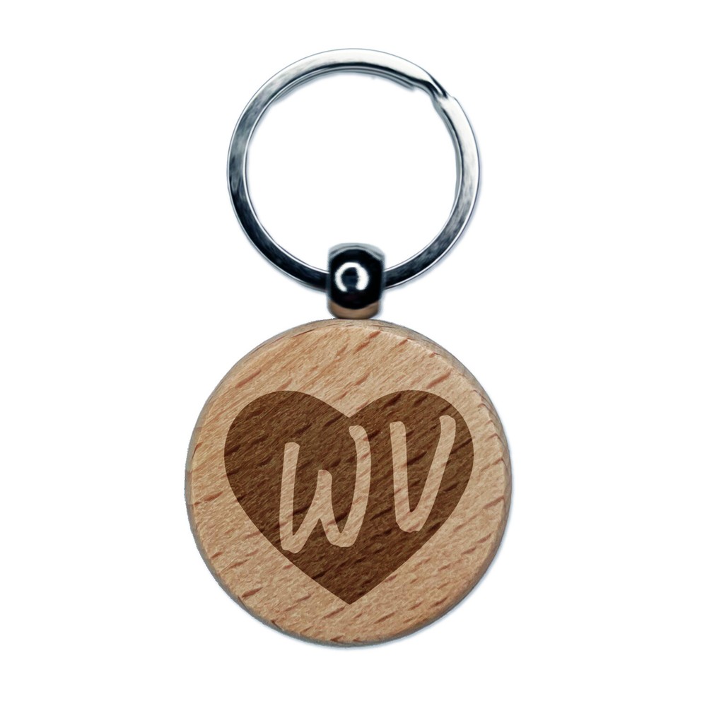 WV West Virginia State in Heart Engraved Wood Round Keychain Tag Charm