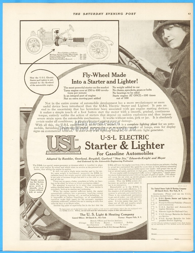 1913 United States Light & Heating Co U-S-L Ad Push Button Electric Car Starter