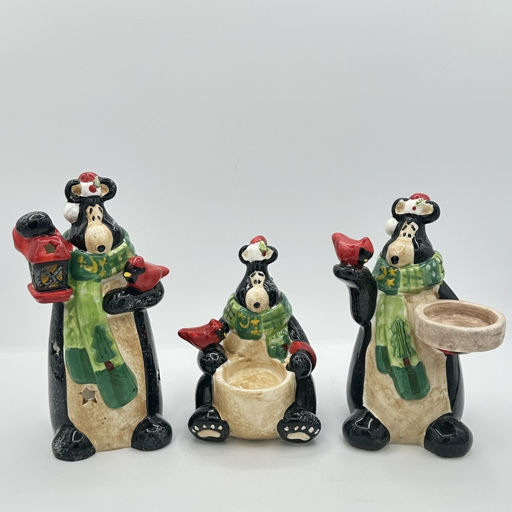 Happy Holidays Set of 3 Black Bears Cardinals Ceramic Tea Light Candle Holders