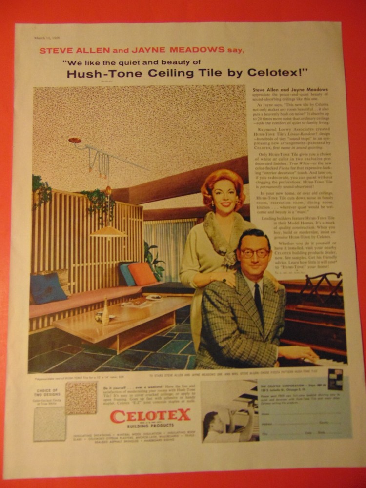 Vintage 1958 Celotex Ceiling Tile Ad Featuring Steve Allen & Jane Meadows