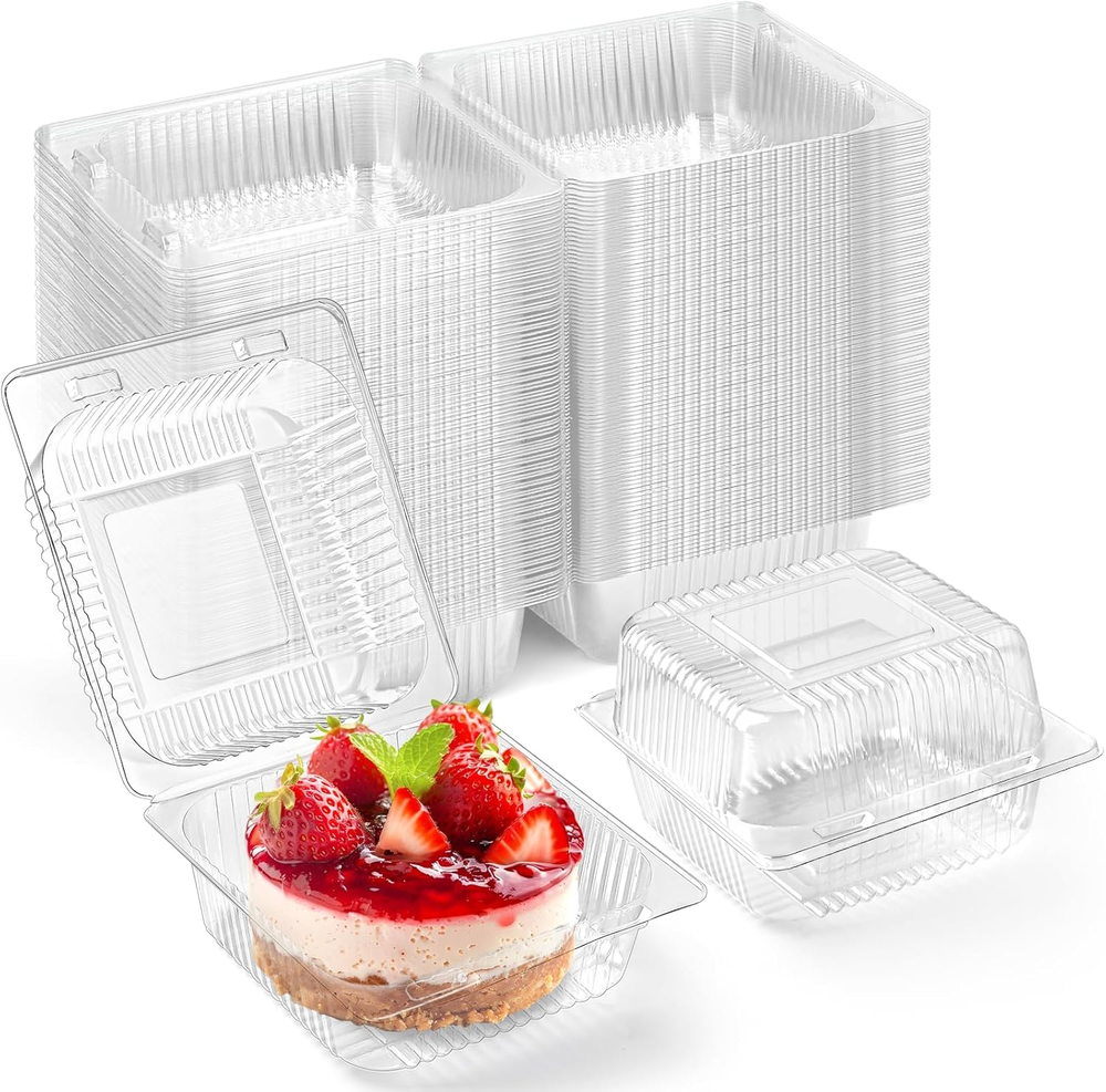 100 Pack Clear Plastic Clamshell Food Containers Square Cake Slice with Hinged