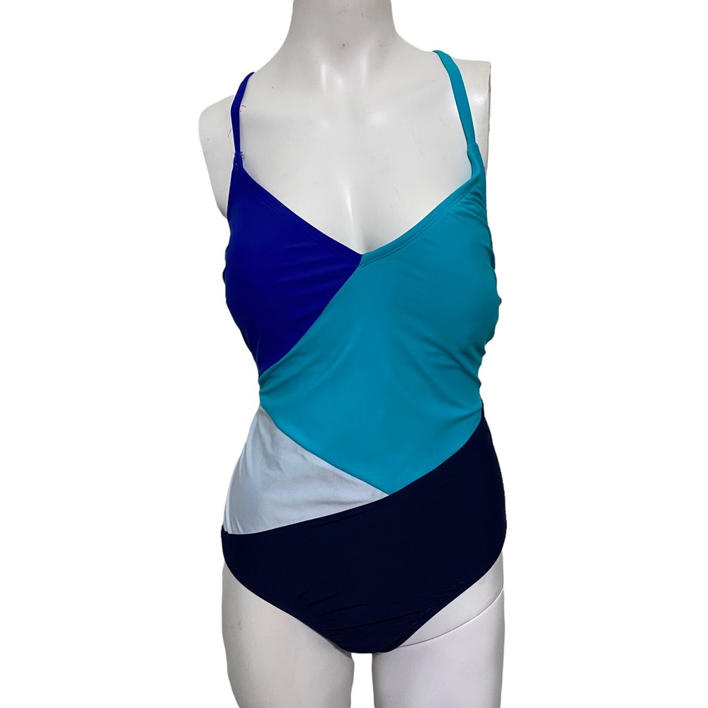 Eco Beach Women's Large Color Block One Piece Swimsuit Aqua Navy White