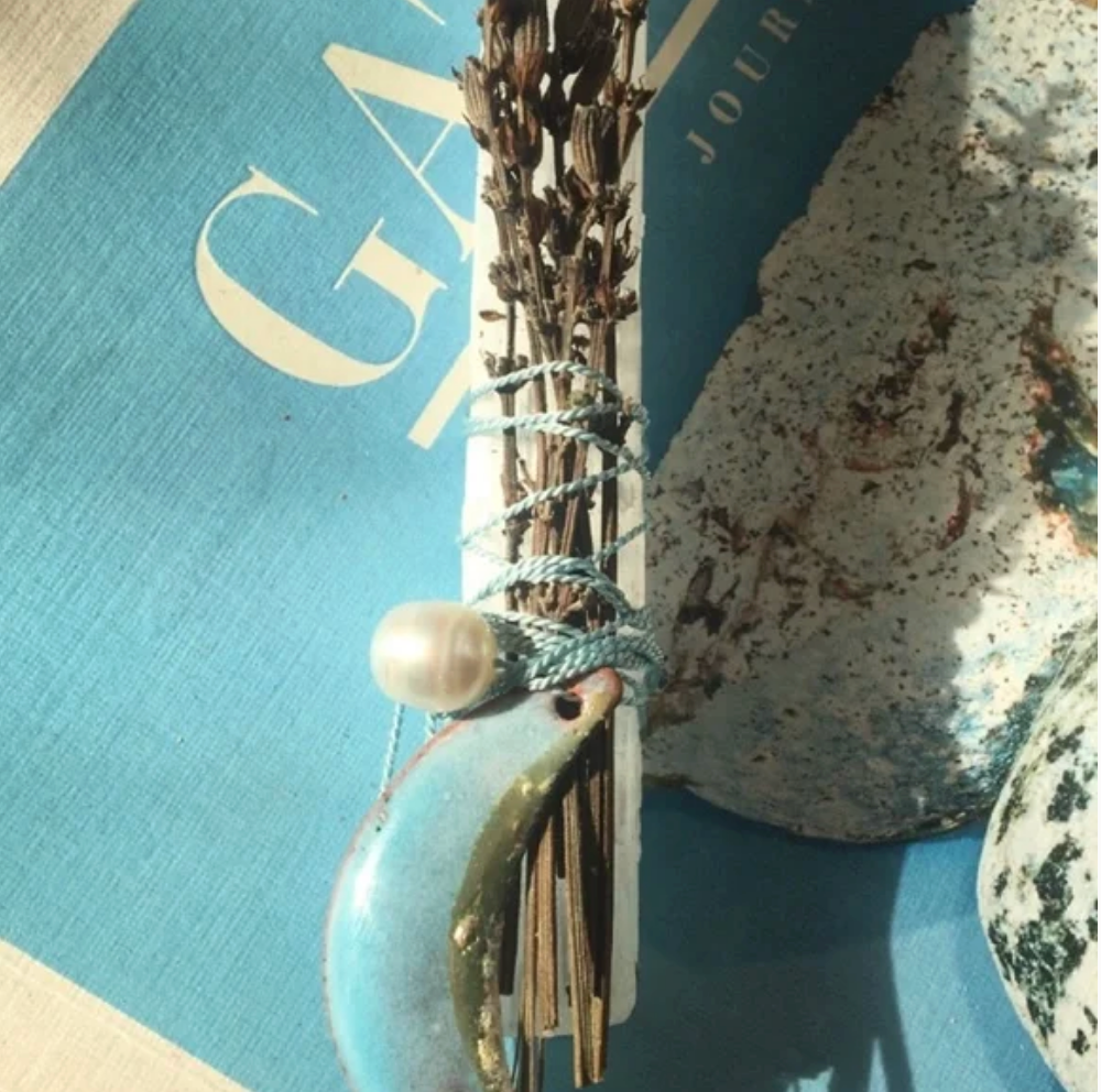 Handmade selenite wand with lavender pearls and enameled moon charm