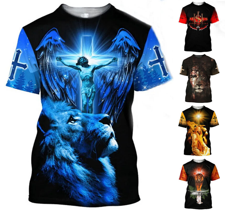 Lion Jesus Christ Design Graphic T-Shirt Mens Short Sleeve Tee Top O Neck