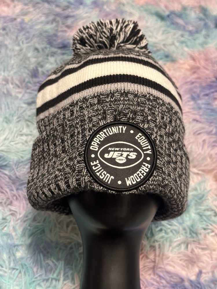 New York Jets Cuffed Beanie Winter Knit Hat NFL Cap 90s Striped Warm Black White
