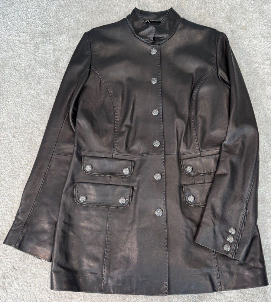 Laundry by Shelli Segal Black Leather Military Style Jacket Womens Size M Y2K