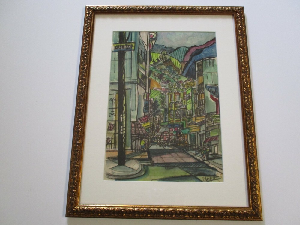MID CENTURY PAINTING SIGNED NOBUO JAPANESE REGIONALISM BOGOTA COLOMBIA CITY RARE