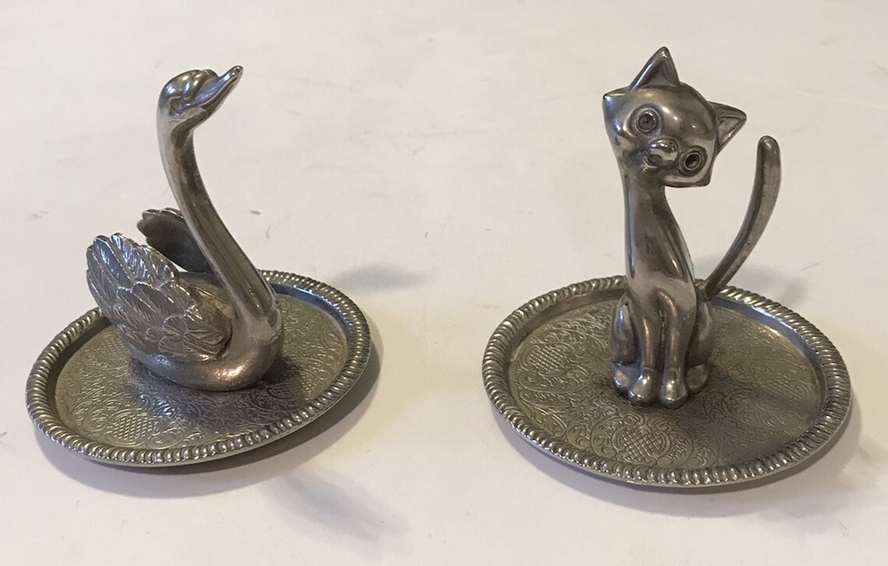 Ep Zinc Alloy Silver Swan And Cat Figurine Tray 3 X 3.2 In. Hong Kong!!!