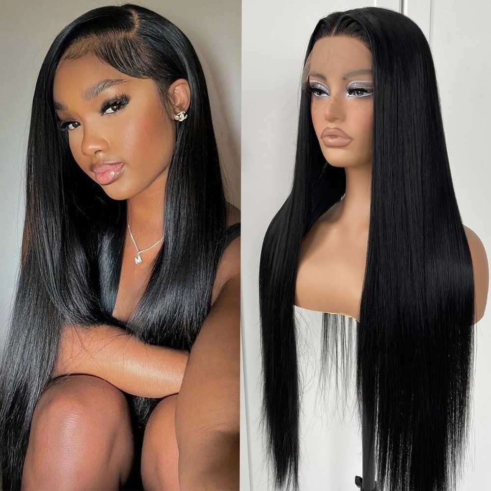 32 Inch Long Straight Lace Front Wig Natural Black Glueless Human Hair