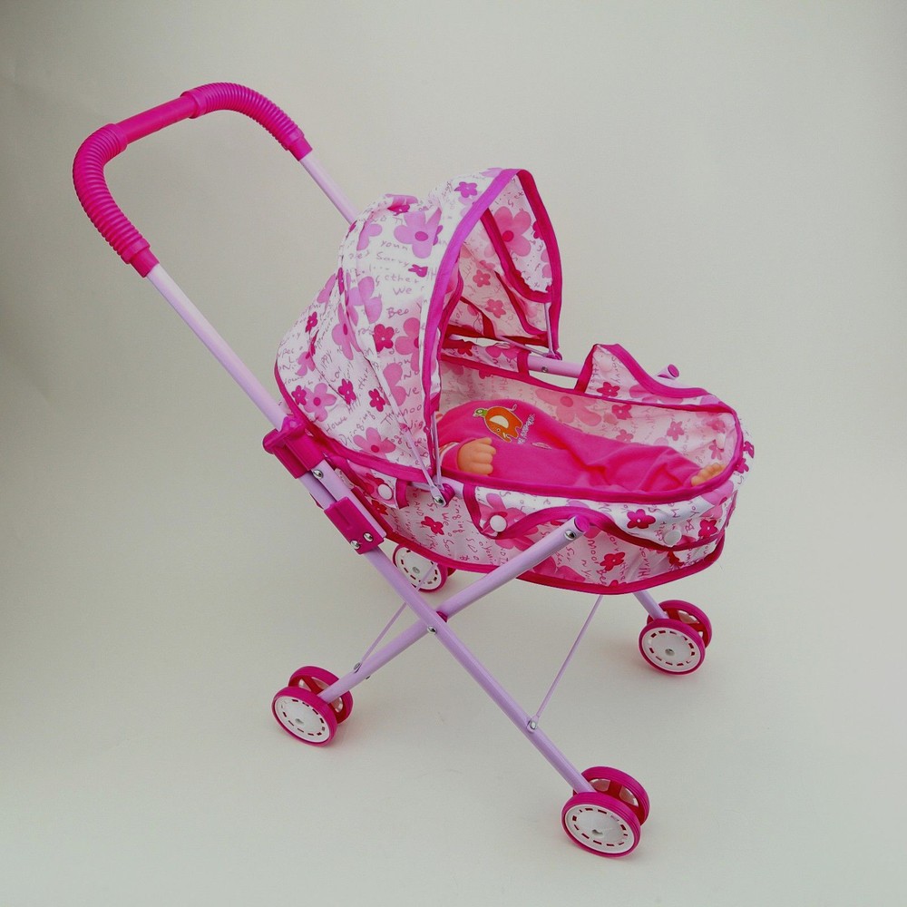 Little Girls Toy Sound Baby Doll Stroller Set Foldable Pink 4 Wheels Carriage