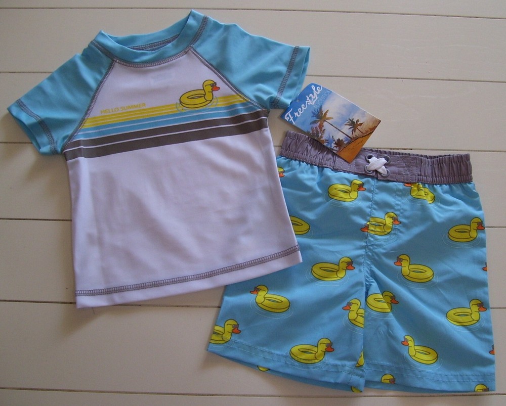 Freestyle Revolution 2 Pc Hello Summer Duck Rash Guard Shirt Swim Trunks 12M 24M