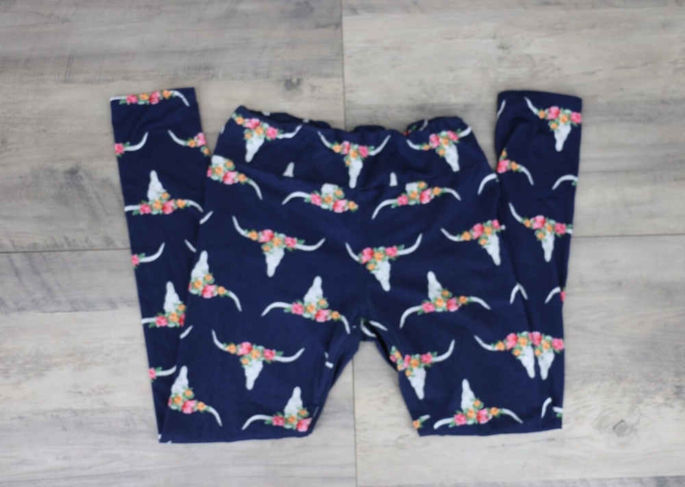 Abby Anna Womens Floral Skull Print Leggings Pants One Size Regular Navy Blue-image