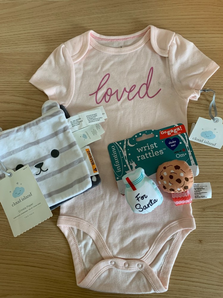 Cloud Island Pink Bodysuit, Crinkle Paper and Wrist Rattles, 12M, NWT