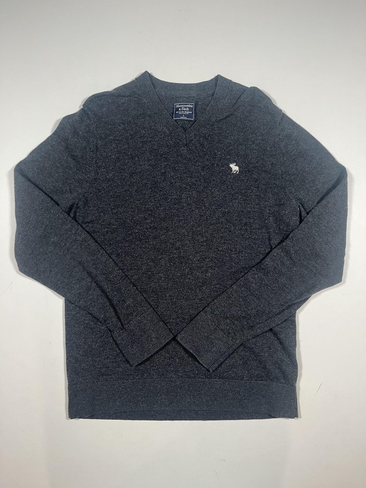 Abercrombie & Fitch Sweater Mens Large Gray V Neck Pullover Moose Chest Logo-image