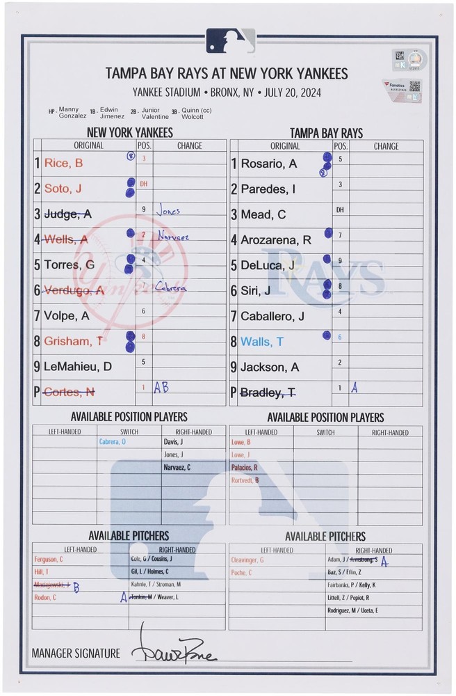New York Yankees Game-Used Lineup Card vs. Tampa Bay Rays on July 20, 2024