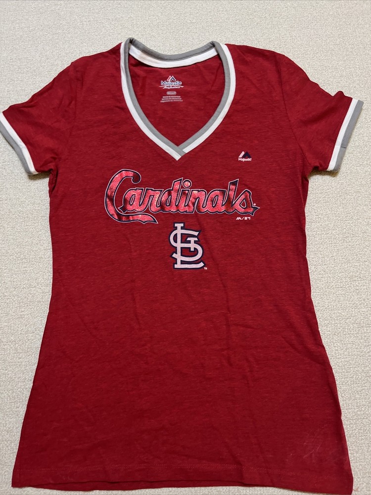 St. Louis Cardinals V-Neck T-Shirt Womens Small Red Shiny Team Name And Logo