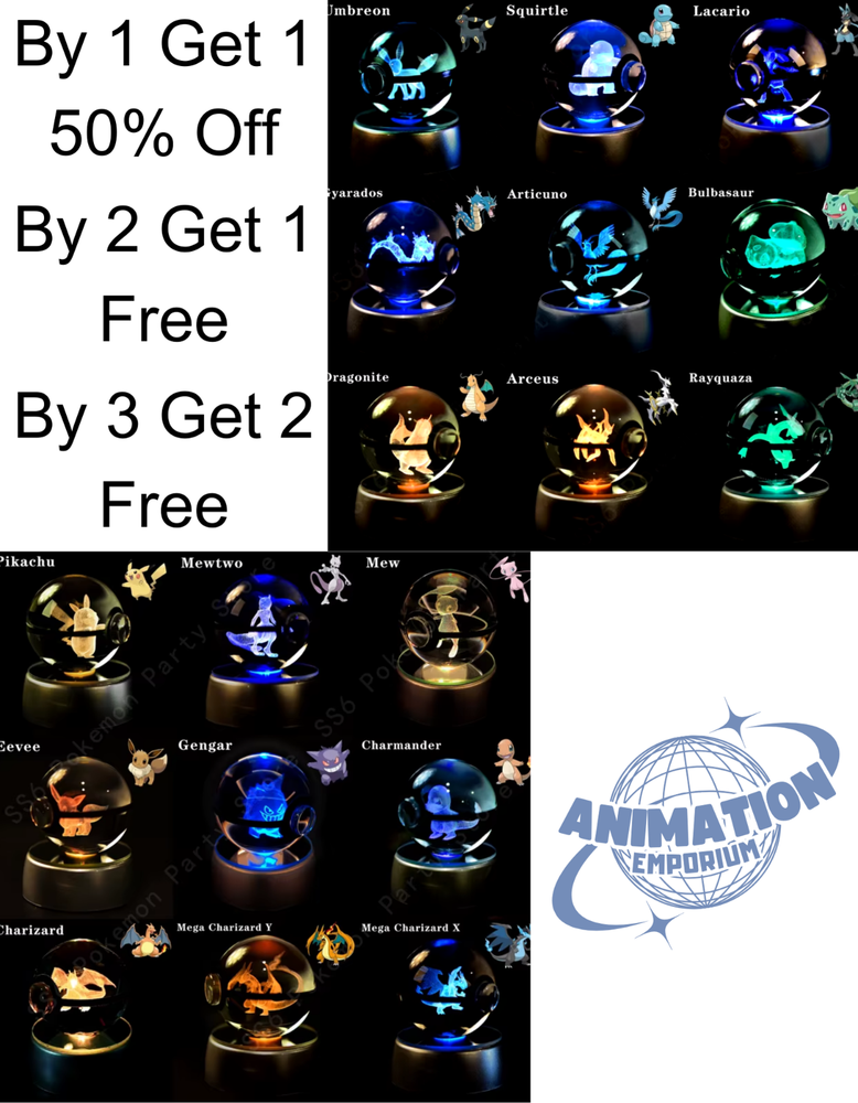 Pokémon | 34 Different Pokemon in 3D Crystal Pokeballs  | LED Light Base