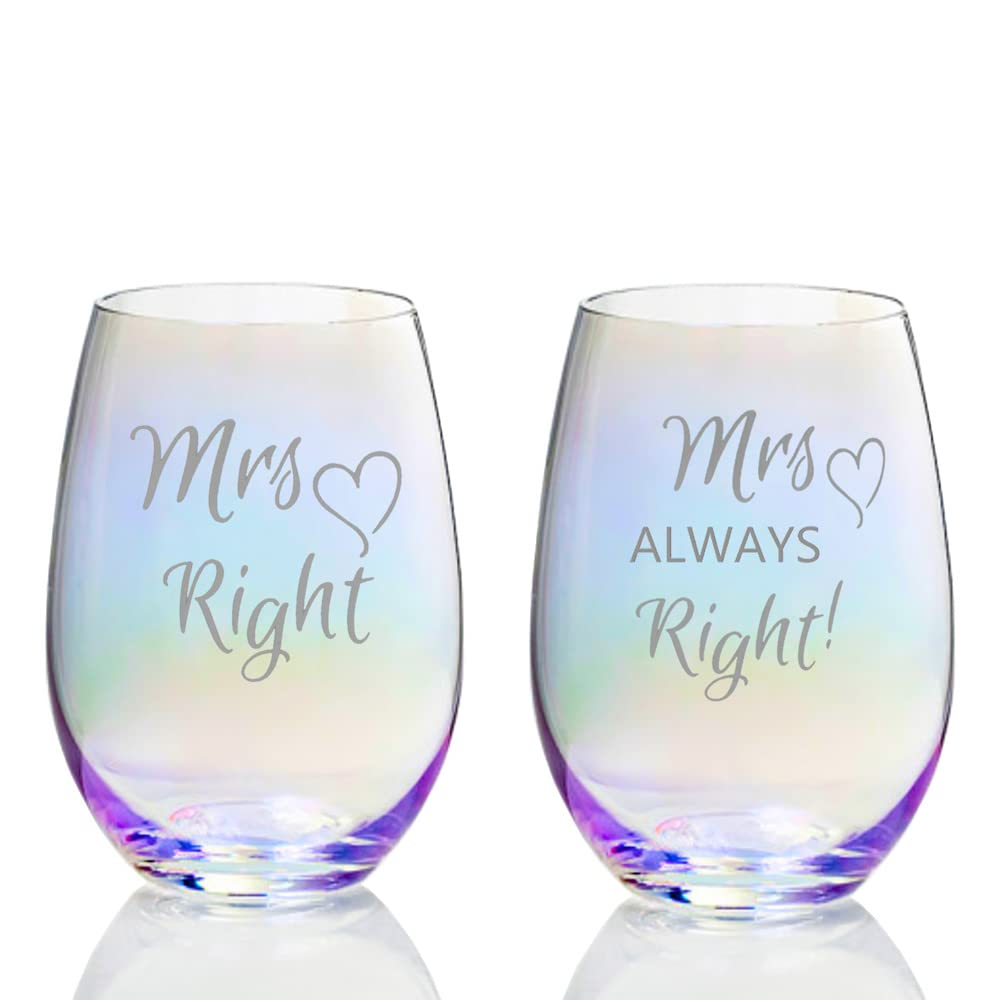 Christmas Gifts for Lesbian, Mrs Right Mrs Always Right Engraved Rainbow Wine Gl
