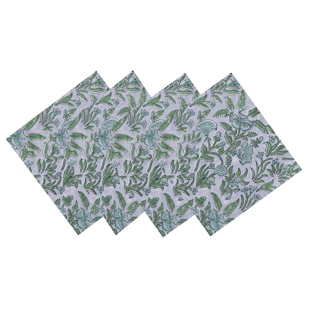 Hand Block Print Cotton Voile Floral Napkins Set of 6 12x12 Inches