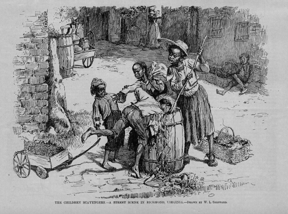 CHILDREN SCAVENGERS DIGGING THROUGH GARBAGE STREET SCENE IN RICHMOND VIRGINIA