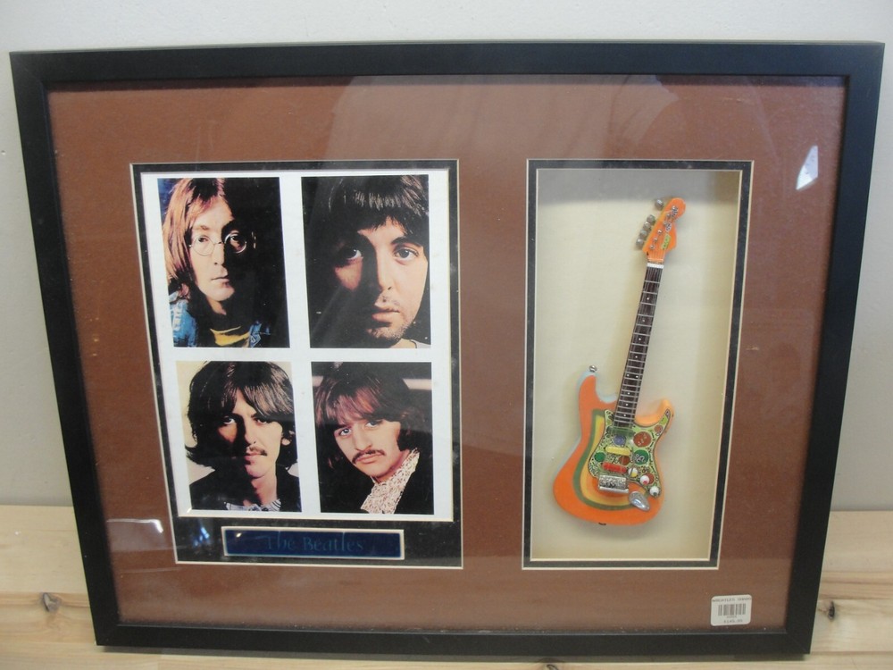 FRAMED THE BEATLES PHOTOS & MINI GUITAR 21