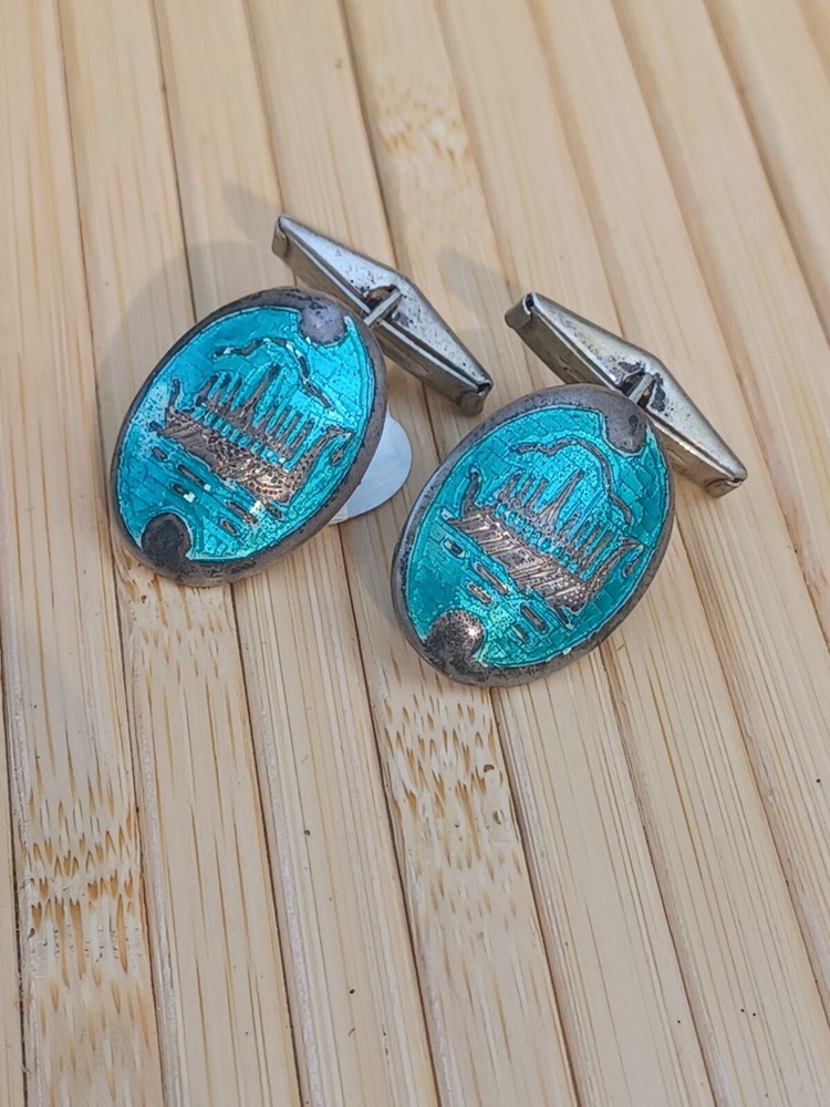Antique Art Deco Enamel Guilloche  Siam Sterling Silver Cuff Links