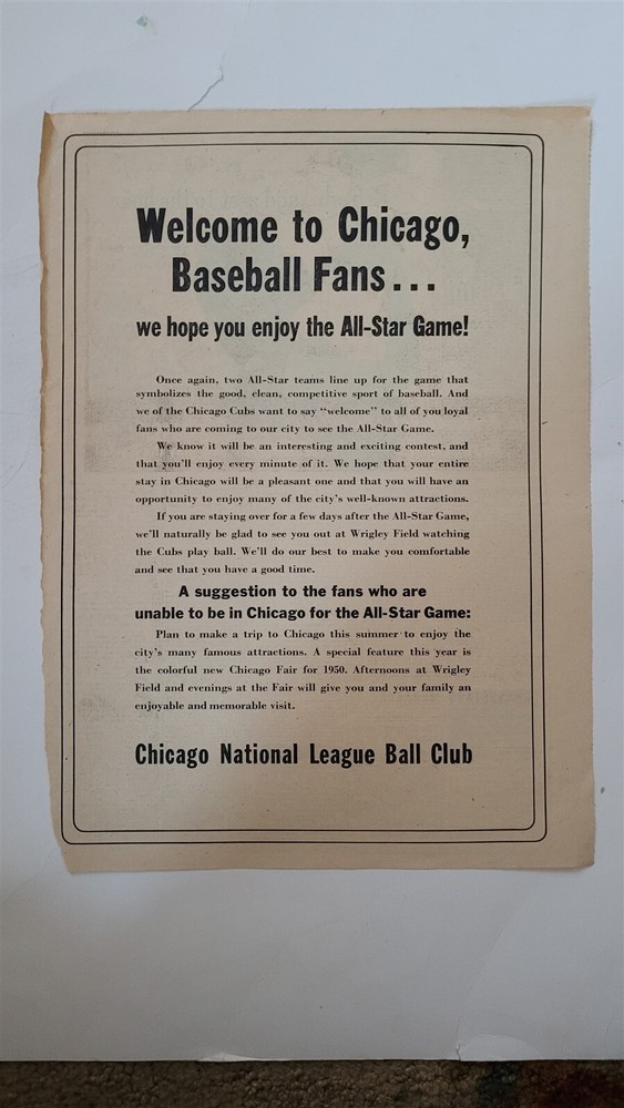 Chicago Cubs Wrigley Field All Star Game 1950 Team Issued Advertisement RARE!