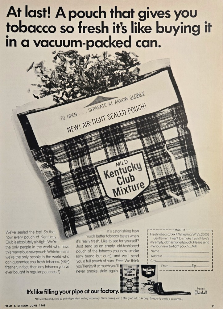 1968 Vintage Kentucky Club Mixture Sealed Pouch Pipe Tobacco Ad-image