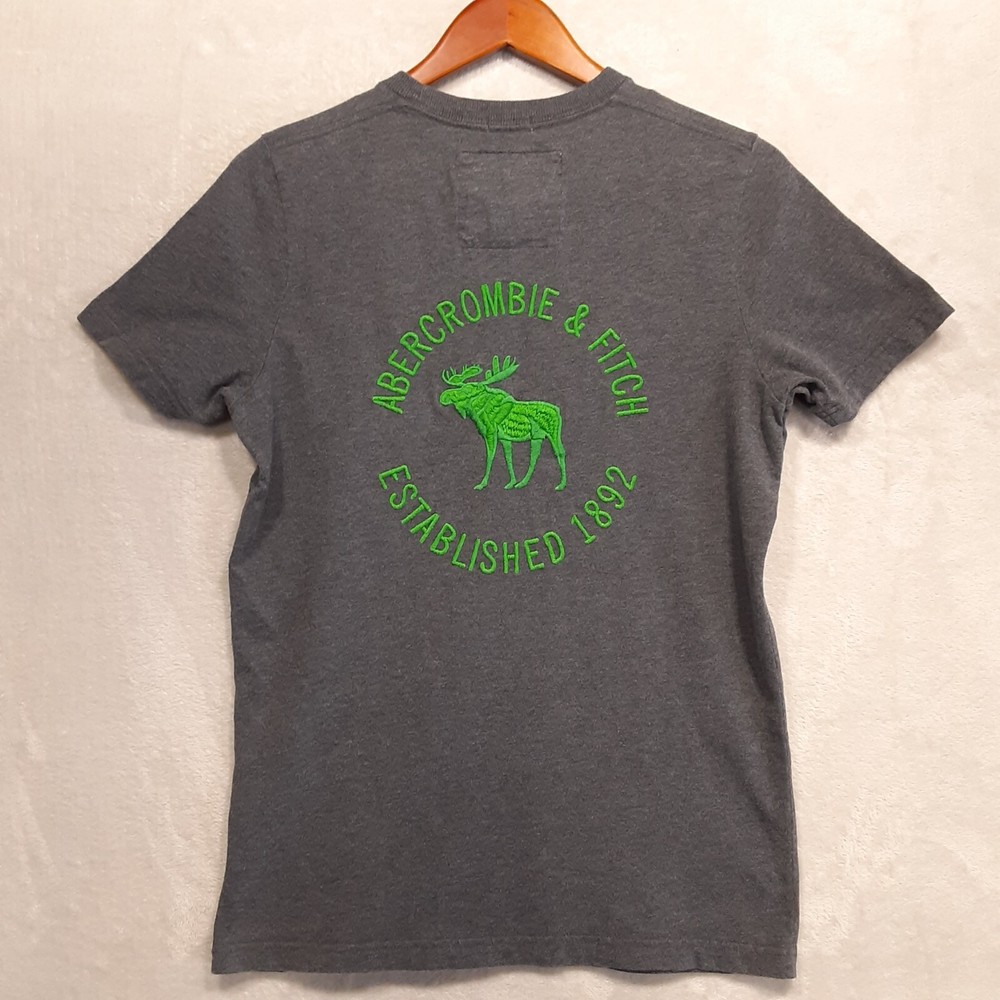 Abercrombie & Fitch Mens Muscle Crewneck T-Shirt Sz.M/Gray-Green Moose Logo-image