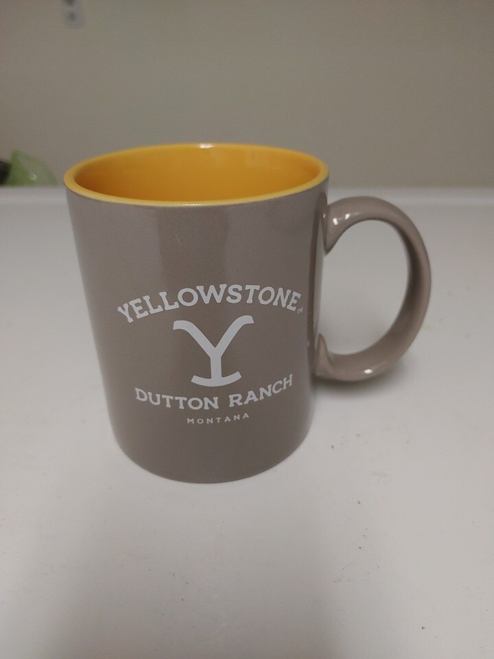 YELLOWSTONE Ceramic COFFEE MUG. 12 oz. Gray /Yellow. 