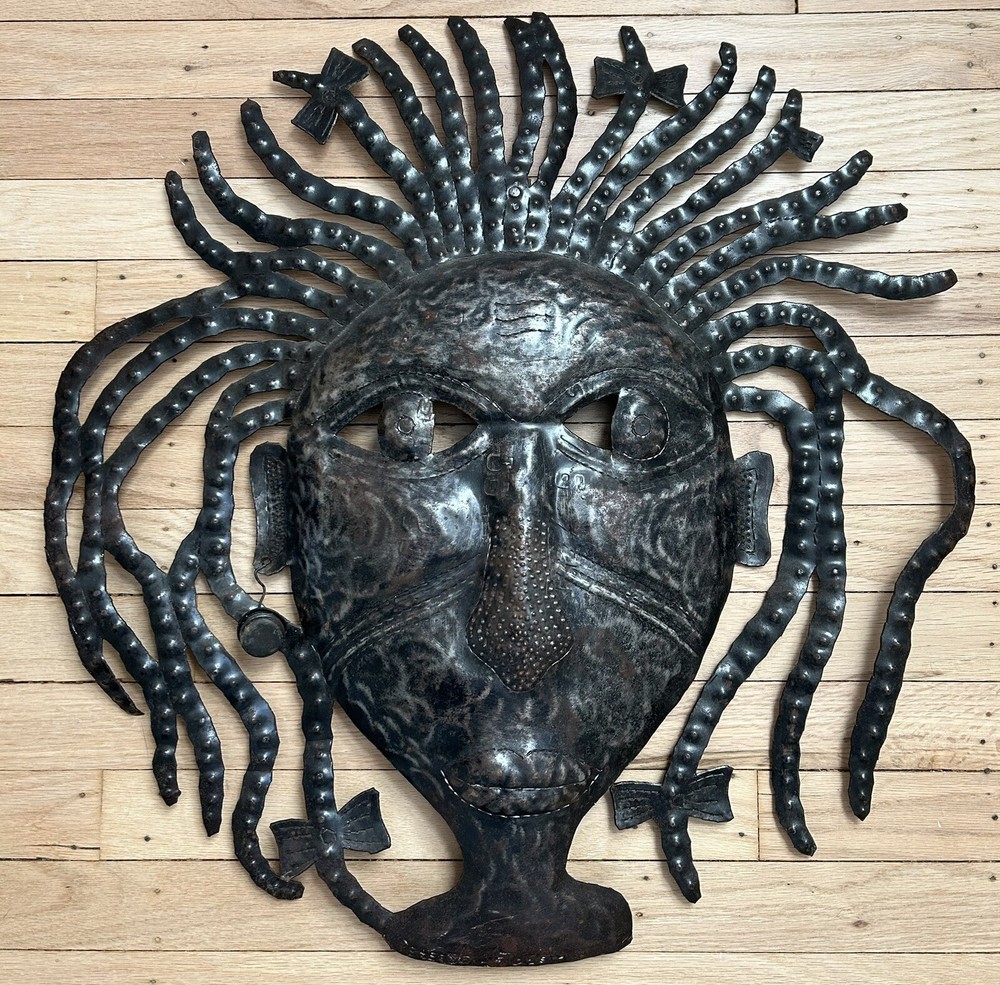 Haitian Metal Wall Art Girl Mask Signed Joseph Peterson LARGE 23